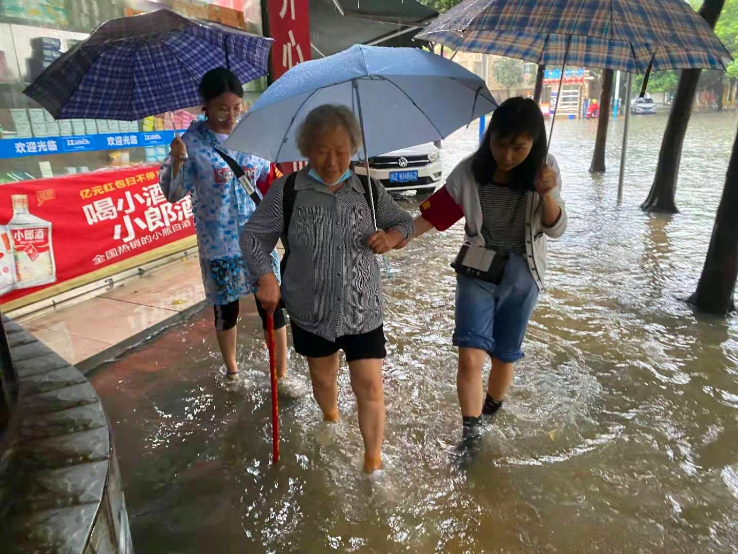 今年汛期，東坡區(qū)大石橋街道工作人員攙扶老人過馬路。（資料圖片）