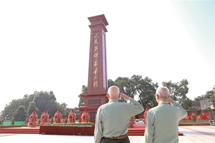 退伍老兵在東坡區(qū)烈士陵園向人民英雄紀(jì)念碑敬禮。